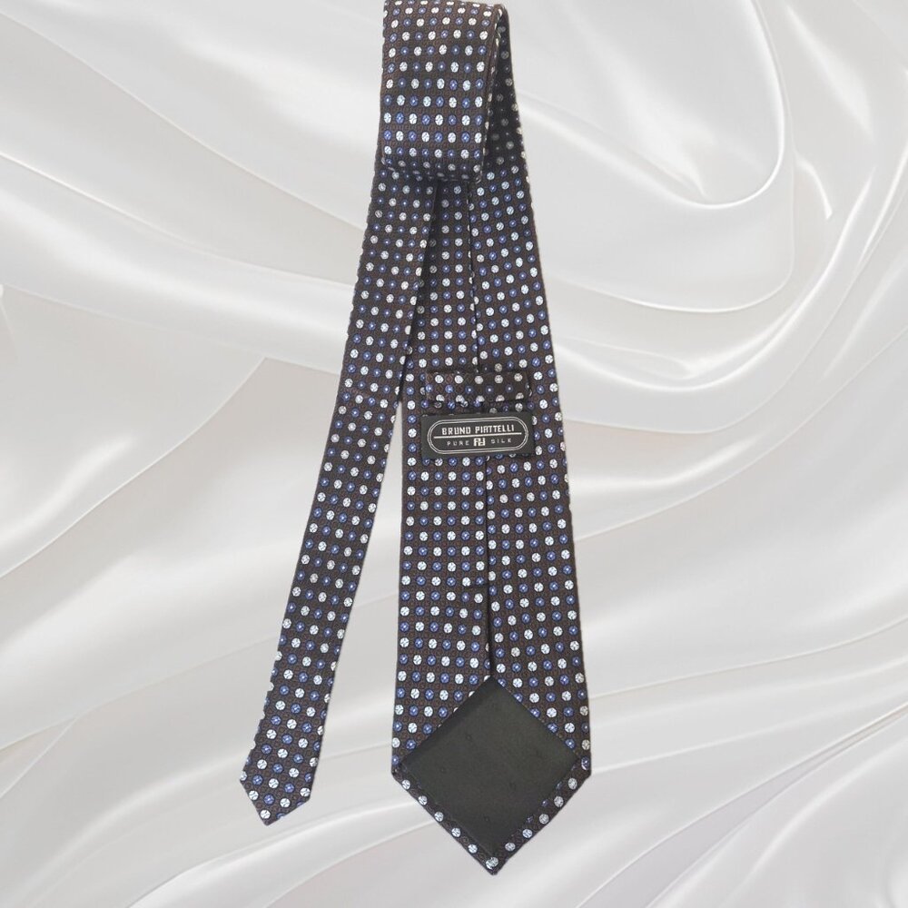 Vintage Bruno Piattelli Handmade Silk Tie – Brown & Blue Geometric – 3.8" Widt